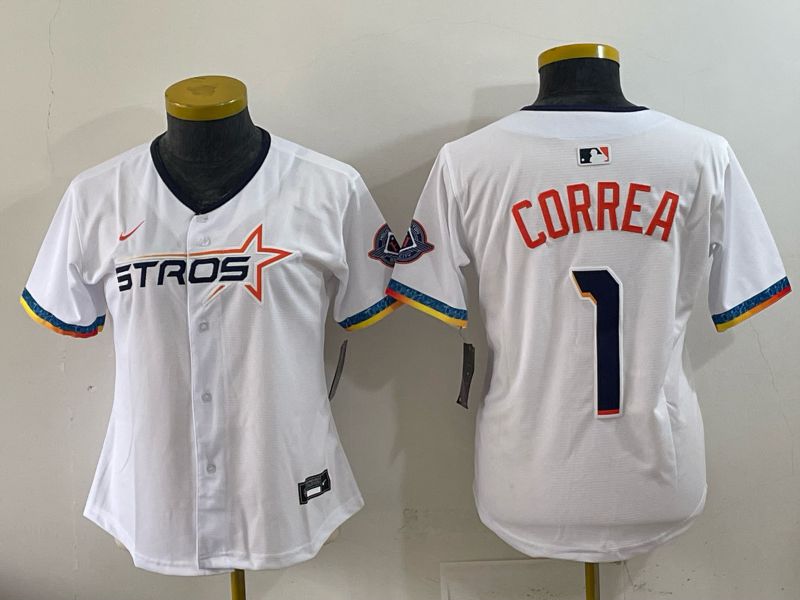 Women 2025 Houston Astros #1 Correa White Four generations Joint Name Nike MLB Jersey style 01